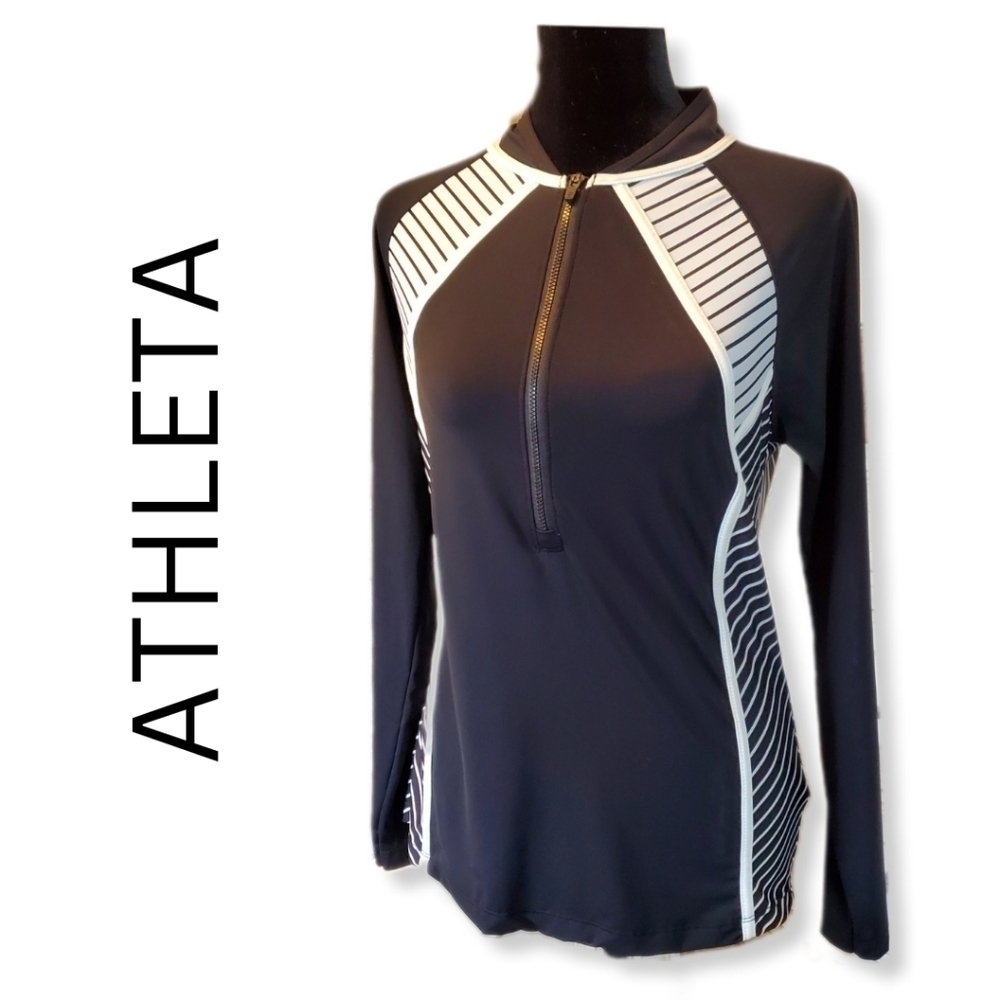 Athleta 1/2 Zip Black with Stripes Pullover Top Sz M